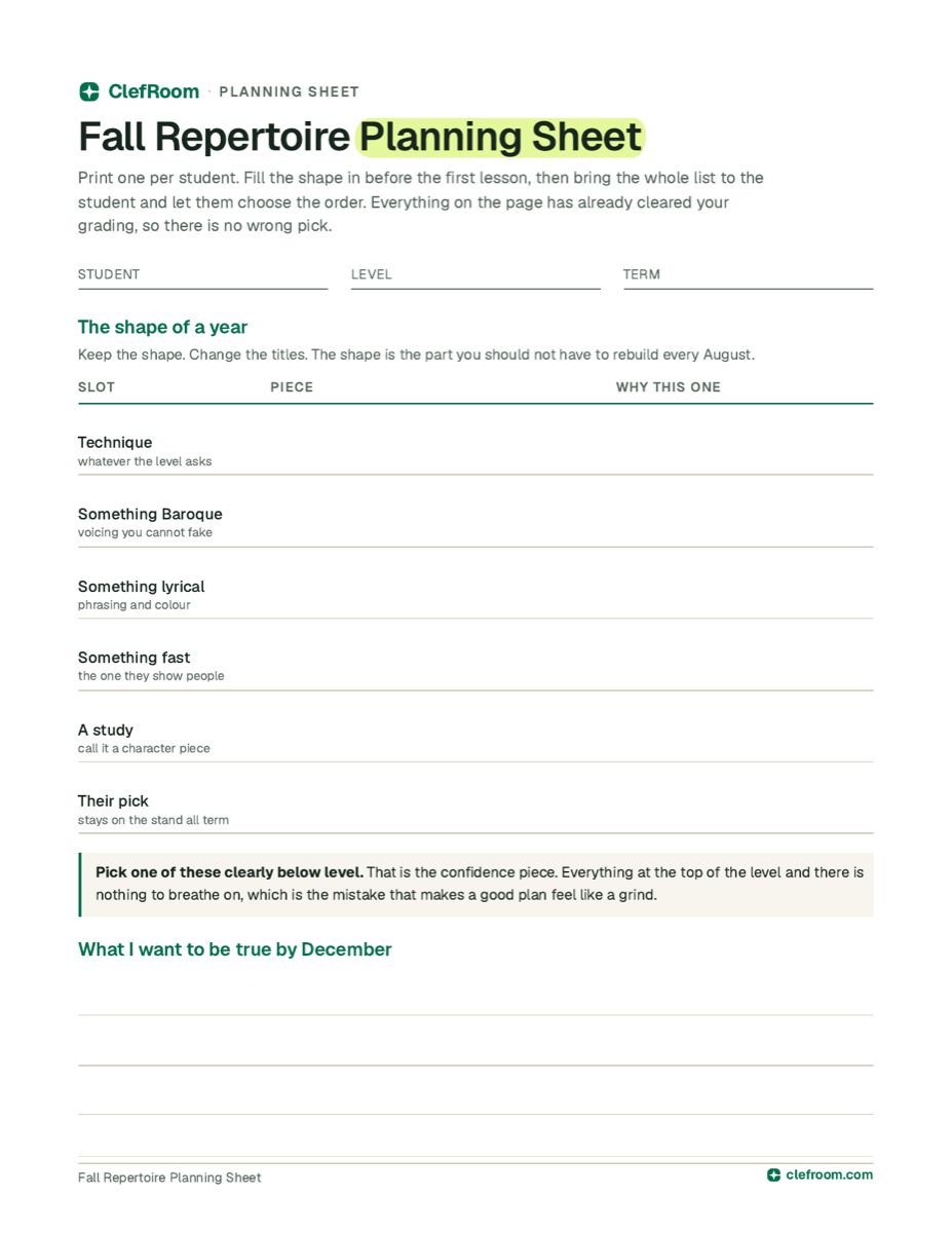 Page one of the Fall Repertoire Planning Sheet: six slots for a student's year, with named repertoire and space to add your own.