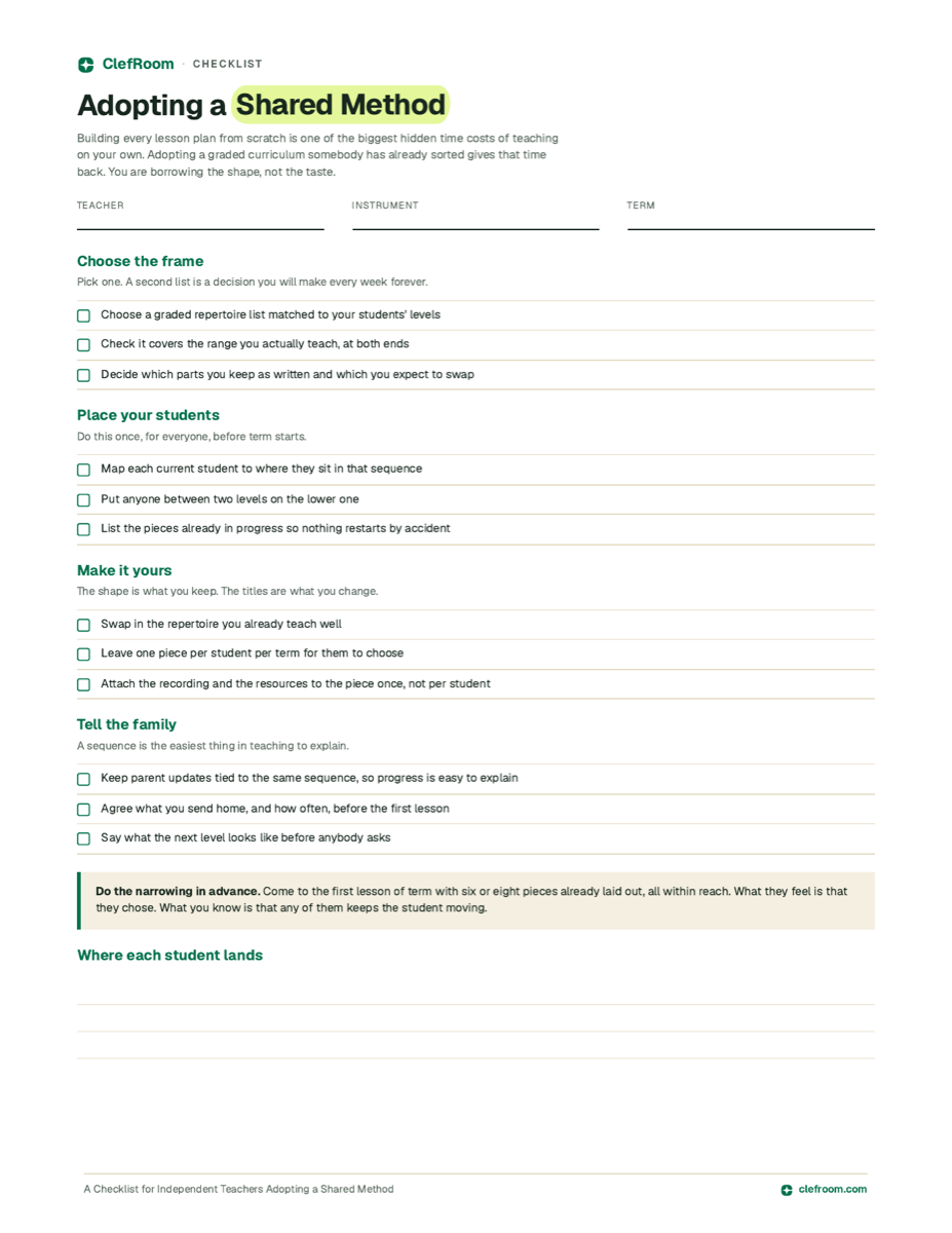Page one of A Checklist for Independent Teachers Adopting a Shared Method: four sections of tick-box steps, from choosing a graded list to telling families what comes next.
