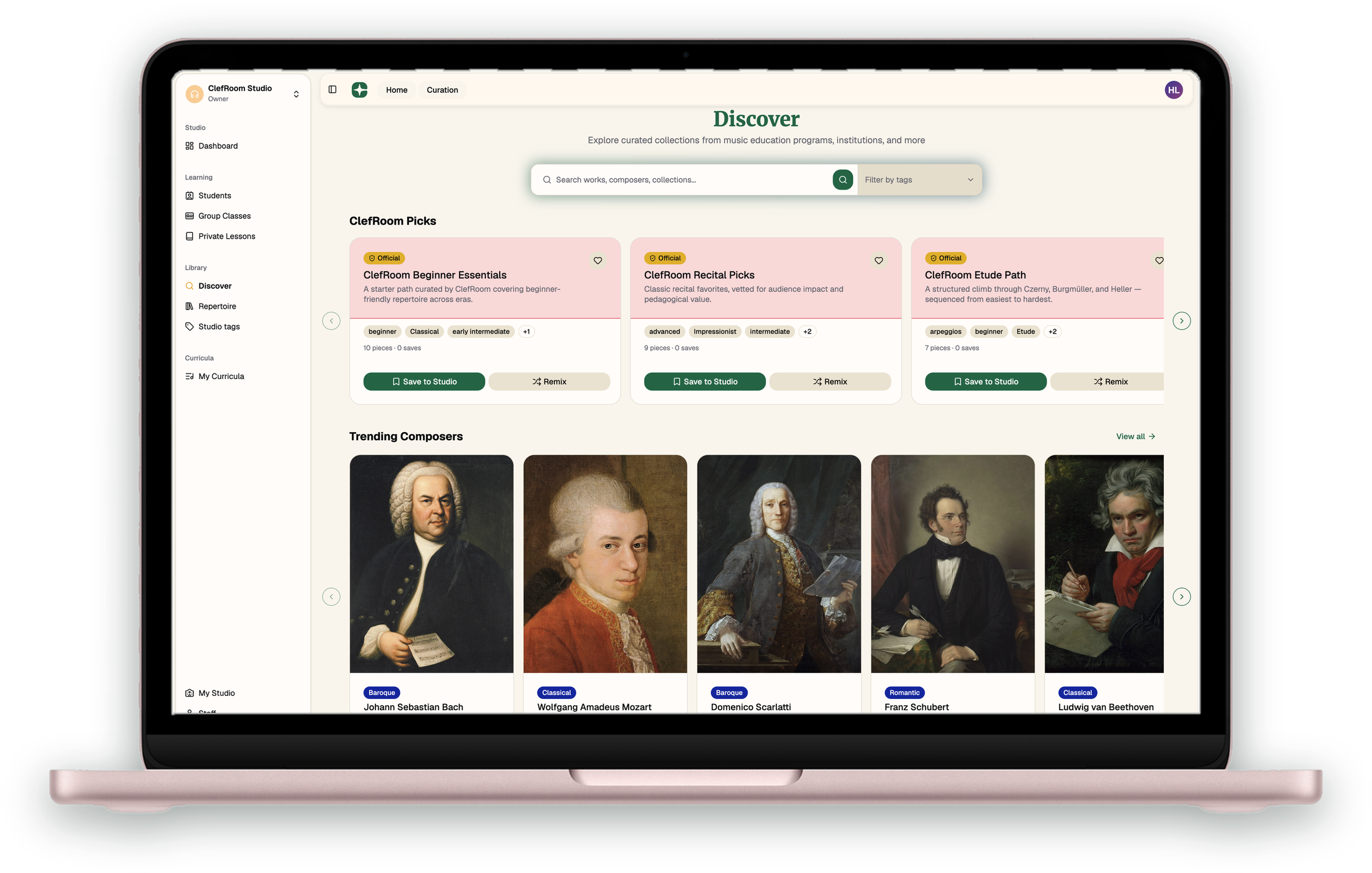 The Discover page on a laptop, showing curated collections and graded repertoire.