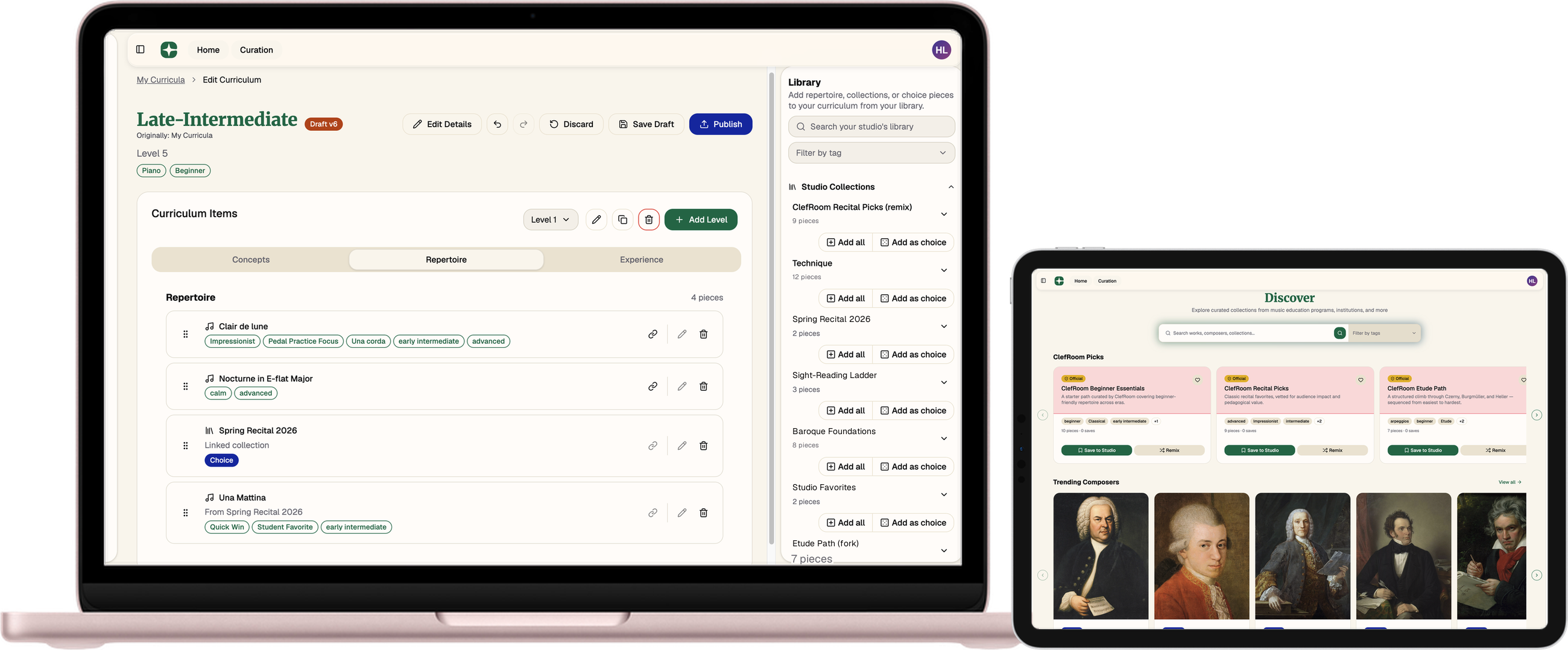 The curriculum builder on a laptop beside a graded library on a tablet, showing a year of repertoire laid out by level.